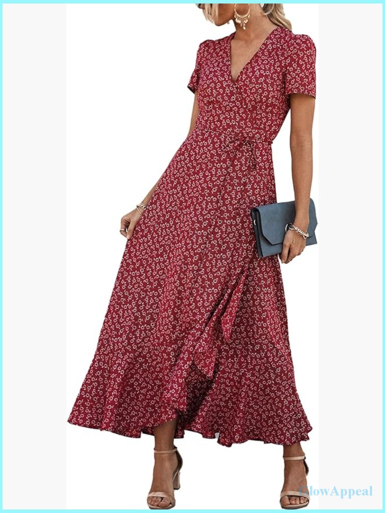 Flowy Boho Wrap Maxi Dress V-Neck Short Sleeve Summer Beach Guest